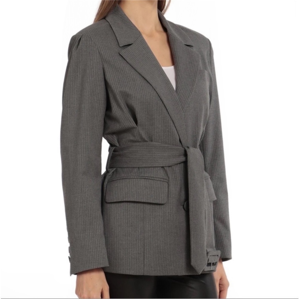 Avec Les‎ Filles Women’s Grey Pinstriped Belted Blazer Jacket Suit Offixe Wear